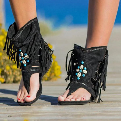 Sandales Été Femmes à Talons Plats avec Franges Colorées