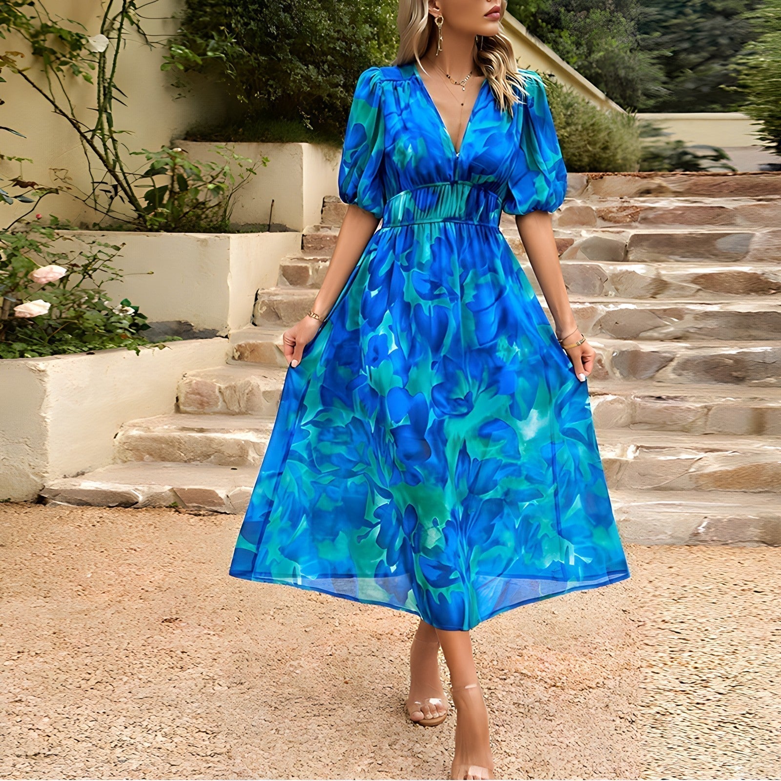 Robe Midi Femme Imprimée Col V Taille Empire Manches Courtes - PanierRoyale