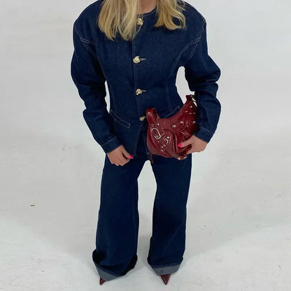 Veste et pantalon jeans femme élégant taille haute