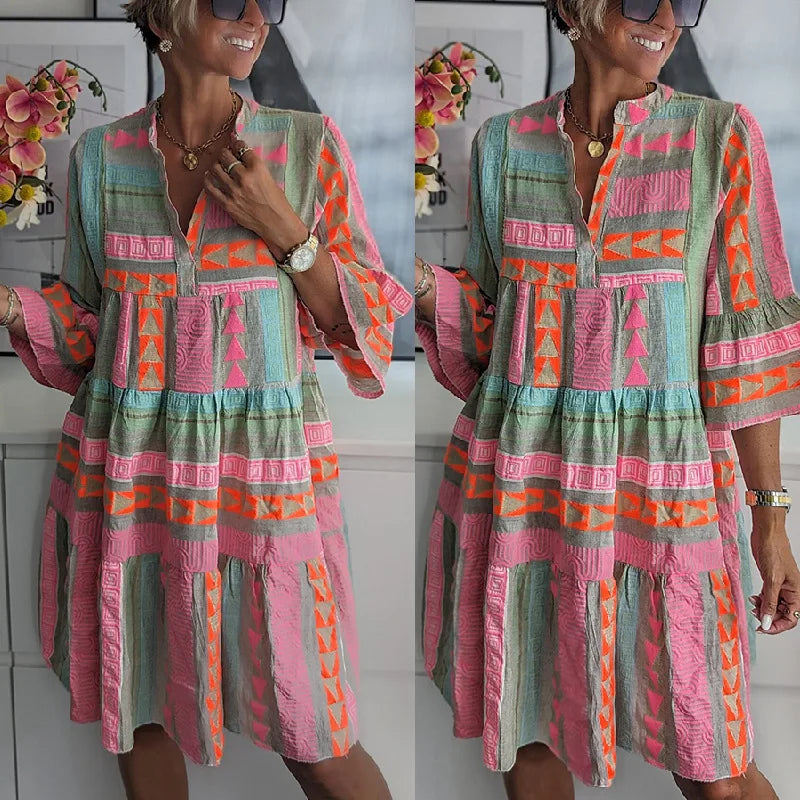 Robe Courte Femme Coton Imprimé Manches Volantes Style Bohème