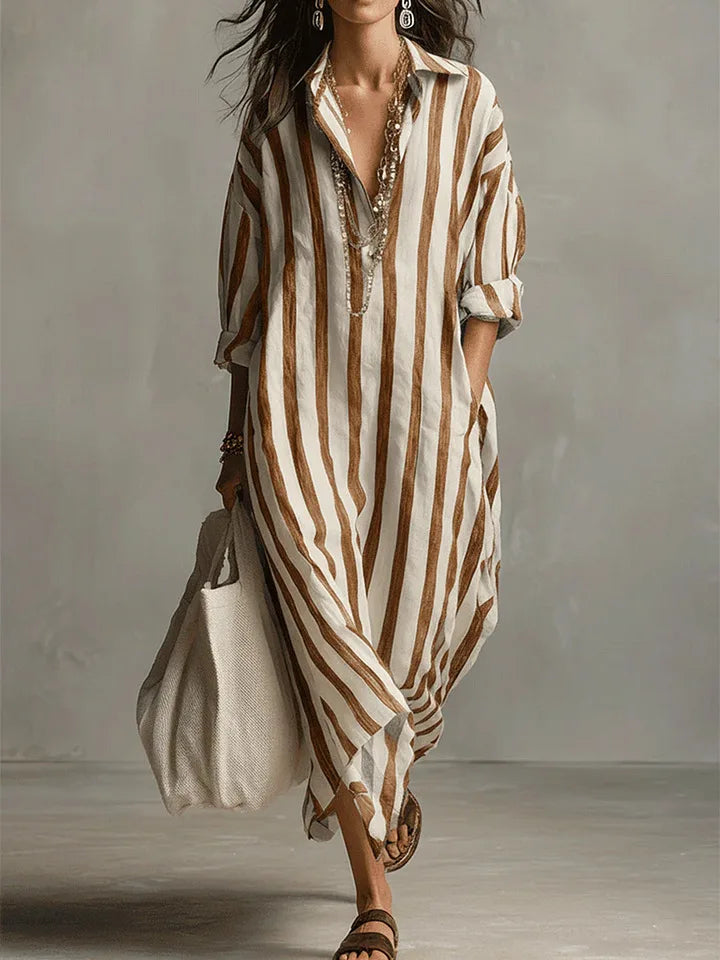 Robe Chemise Femme Coupe Ample Longue en Tissu Rayé