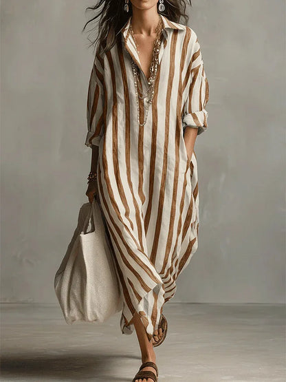 Robe Chemise Femme Coupe Ample Longue en Tissu Rayé
