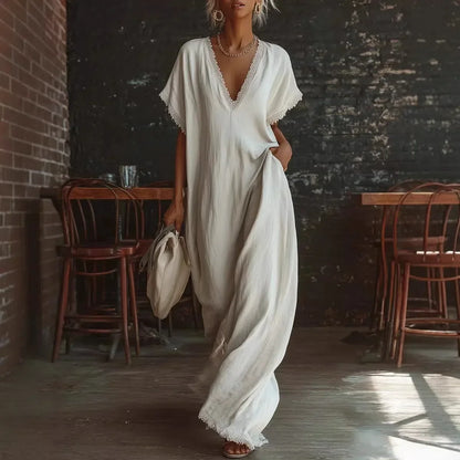 Robe longue Femme Fluide Col en V Finitions Dentelle