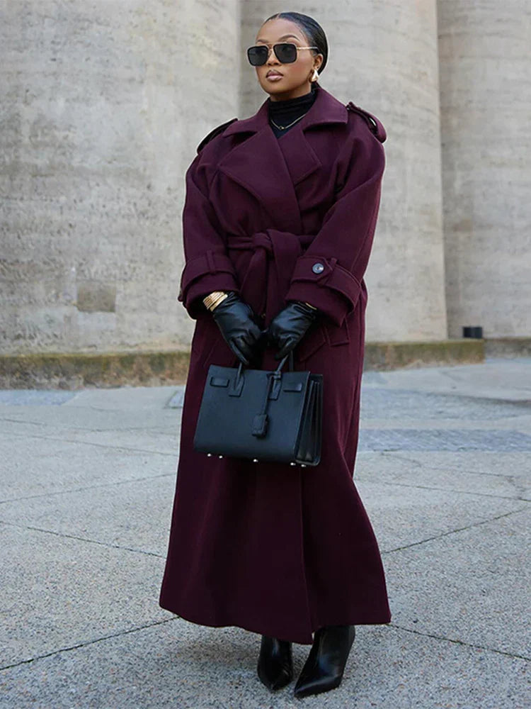 Manteau Femme Chic à Ceinture avec Col Revers et Fermeture Double