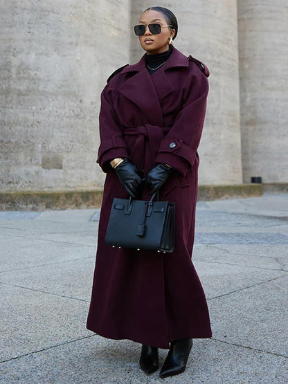 Manteau Femme Chic à Ceinture avec Col Revers et Fermeture Double