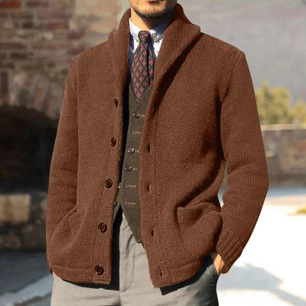 Cardigan Boutonné D'hiver Uni Pour Homme Avec Poche | Manches Longues