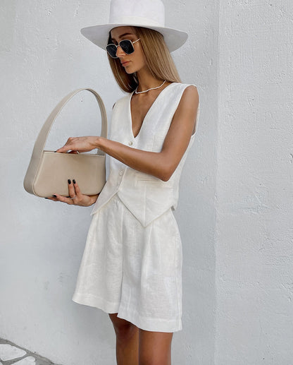 Ensemble Femme Coton Lin Gilet Boutonné Short Assorti