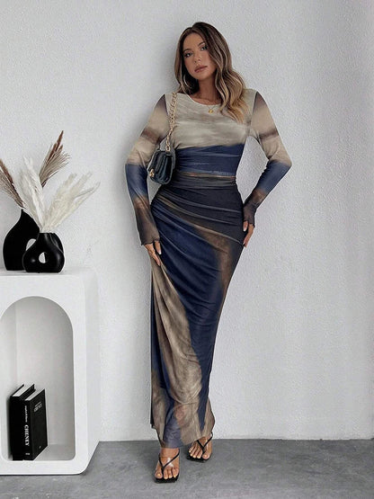 Robe Maxi Femme Coupe Ajustée Col Rond Imprimée