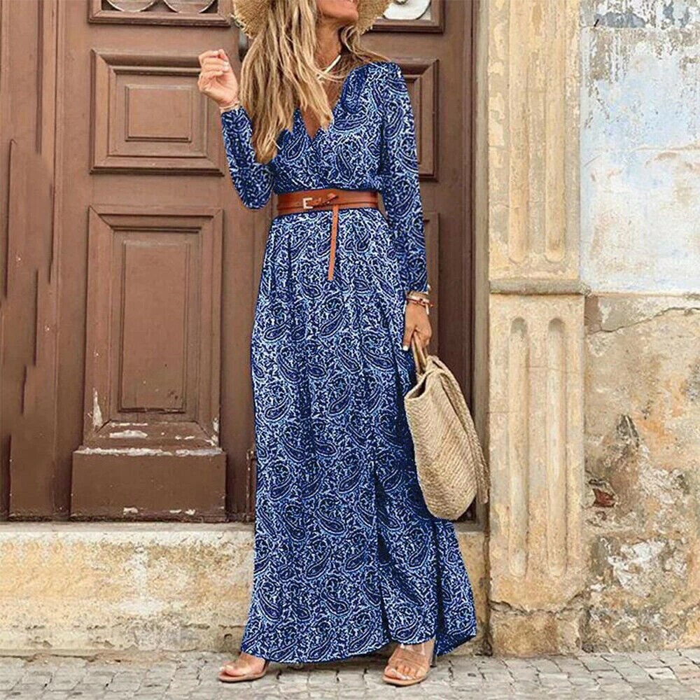 Robe longue fleurie décontractée pour femme avec ceinture -> Robe longue fleuriée femme décontractée élégante
