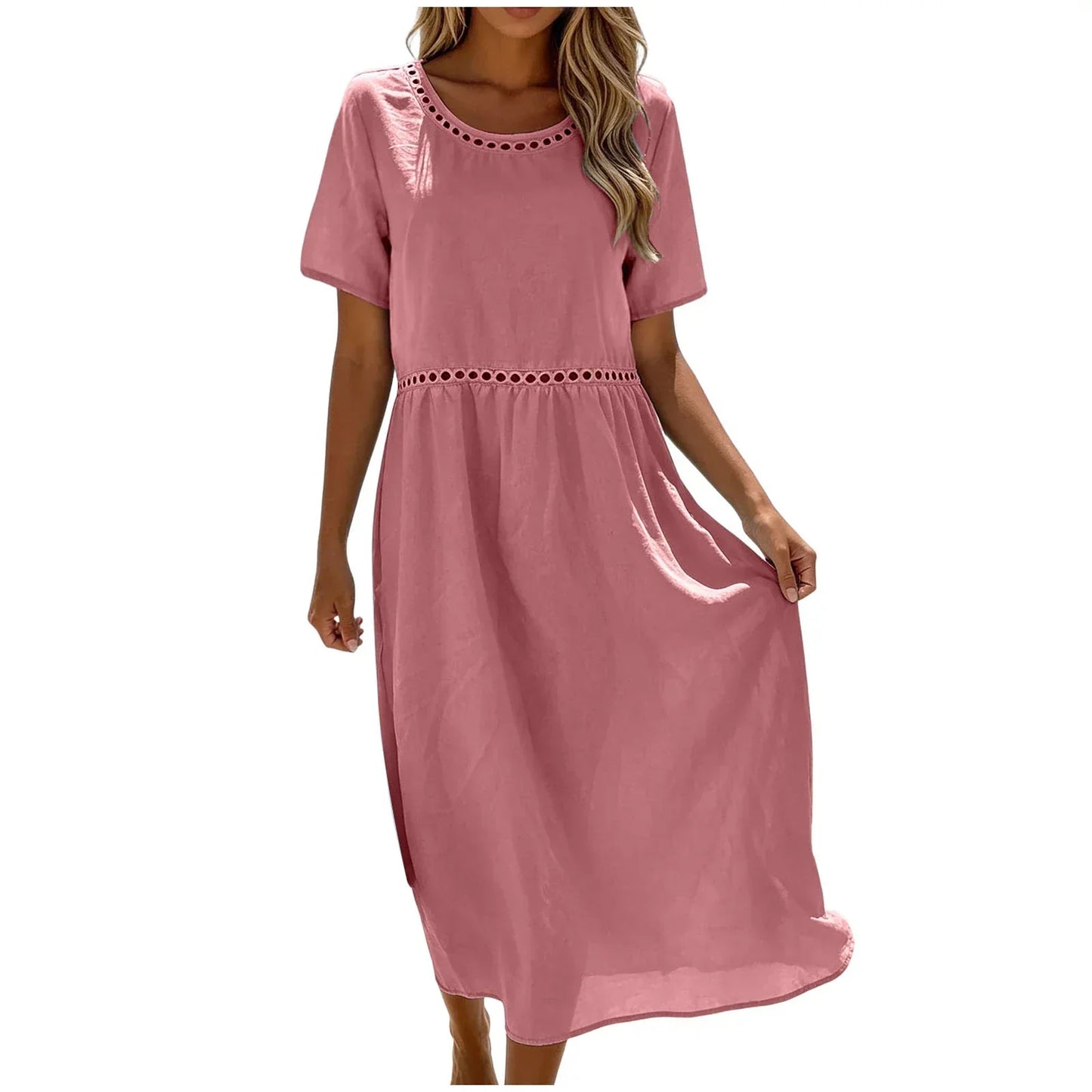 Robe longue Femme Coton Mélangé Coupe Fluide Détails Ajourés
