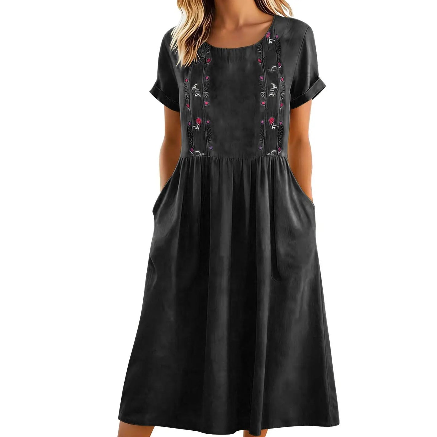 Robe midi Femme Broderie Poches Coupe Aline