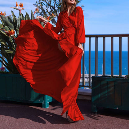 Robe Soirée Longue Manches avec Col en V Élégant