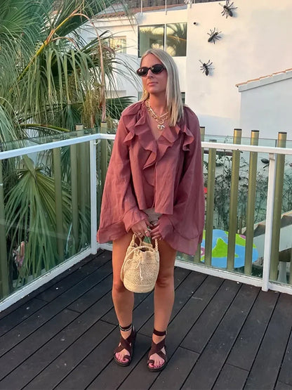 Blouse en Soie Transparente Brun Femelle Élégante