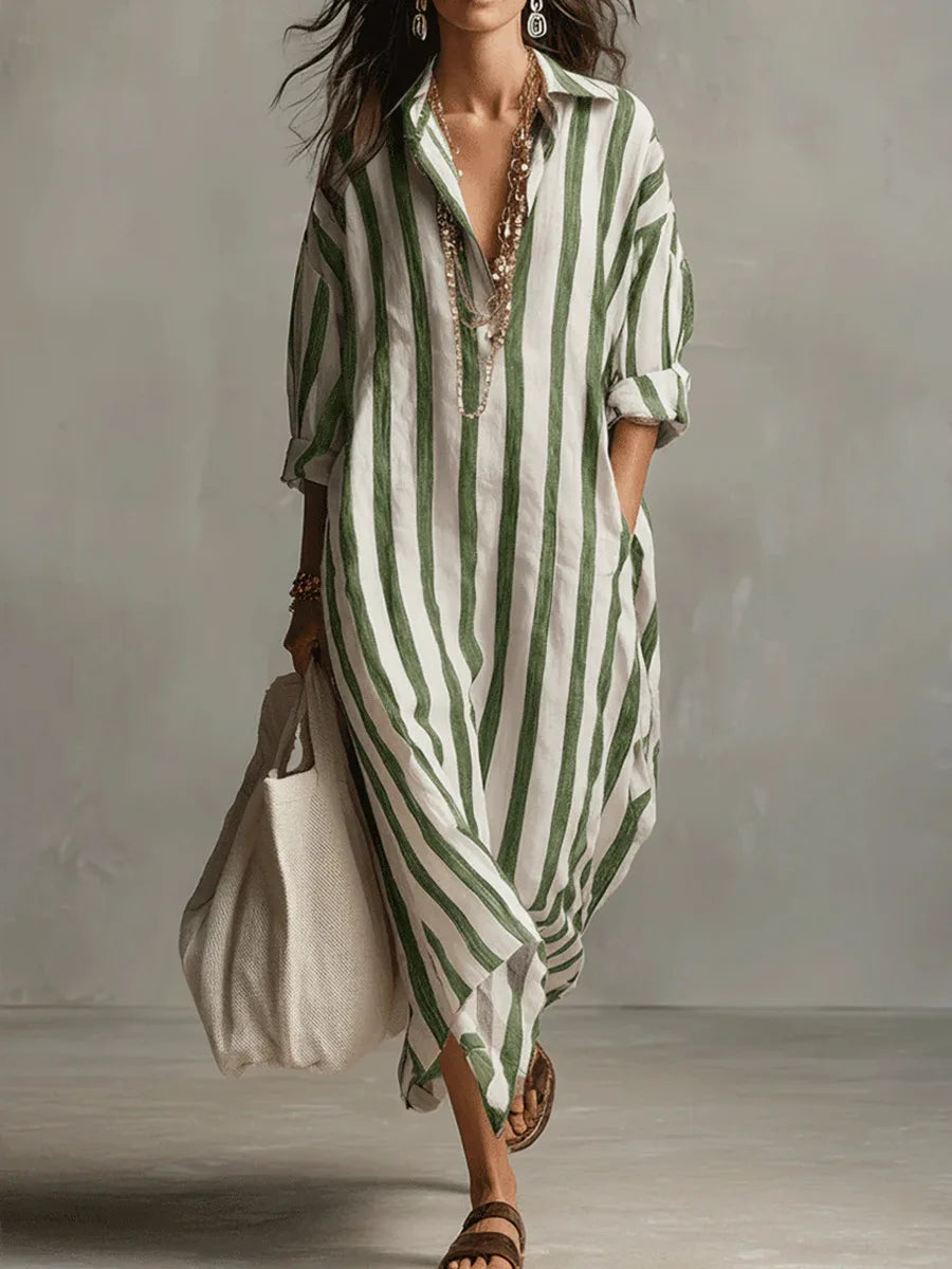 Robe Chemise Femme Coupe Ample Longue en Tissu Rayé