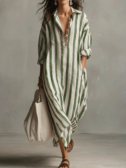 Robe Chemise Femme Coupe Ample Longue en Tissu Rayé