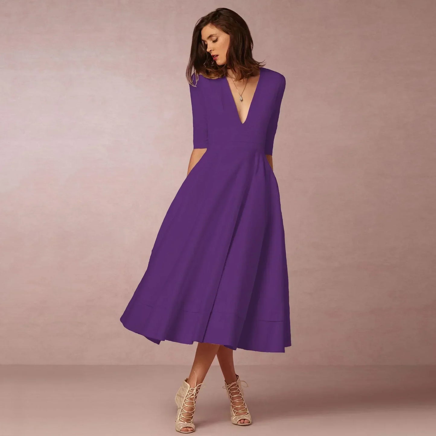 Robe Soirée Femme Col V Mi-Longue Élégante