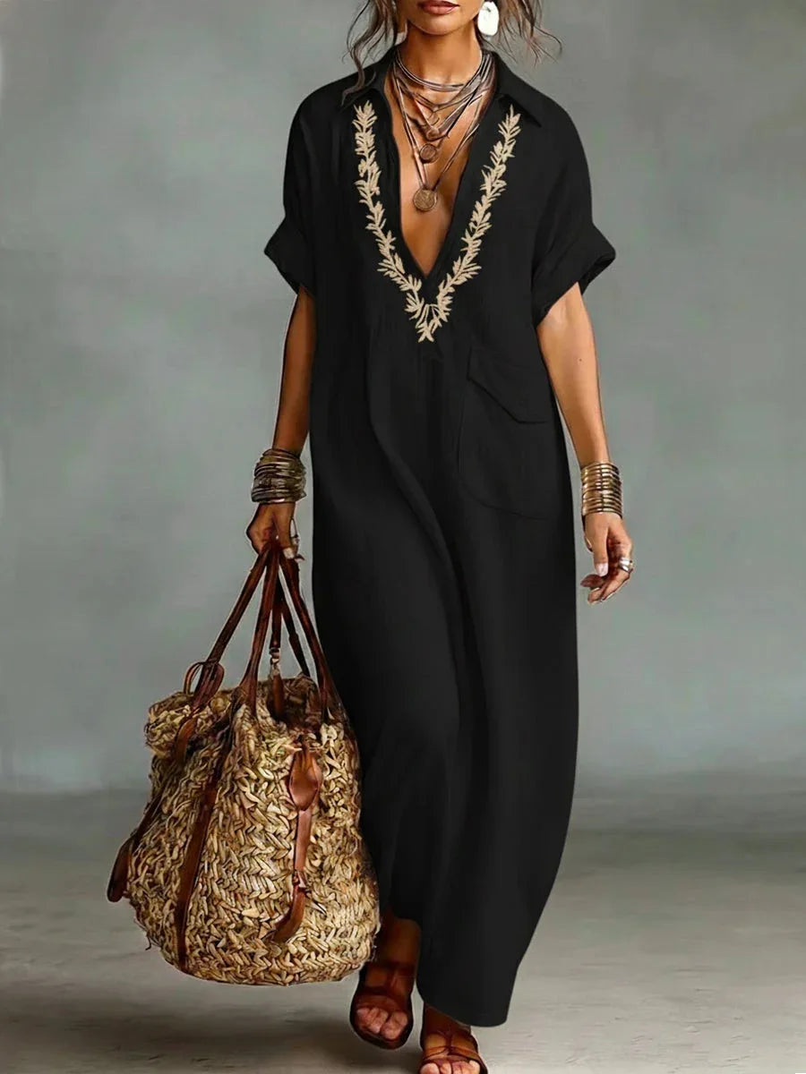 Robe Kaftan Femme Broderie Col en V Coupe Ample