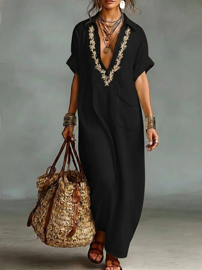 Robe Kaftan Femme Broderie Col en V Coupe Ample