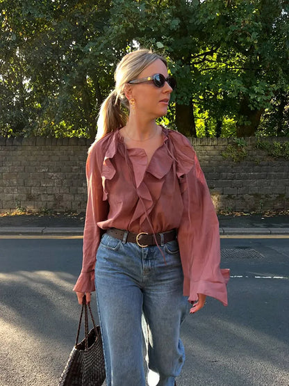 Blouse en Soie Transparente Brun Femelle Élégante