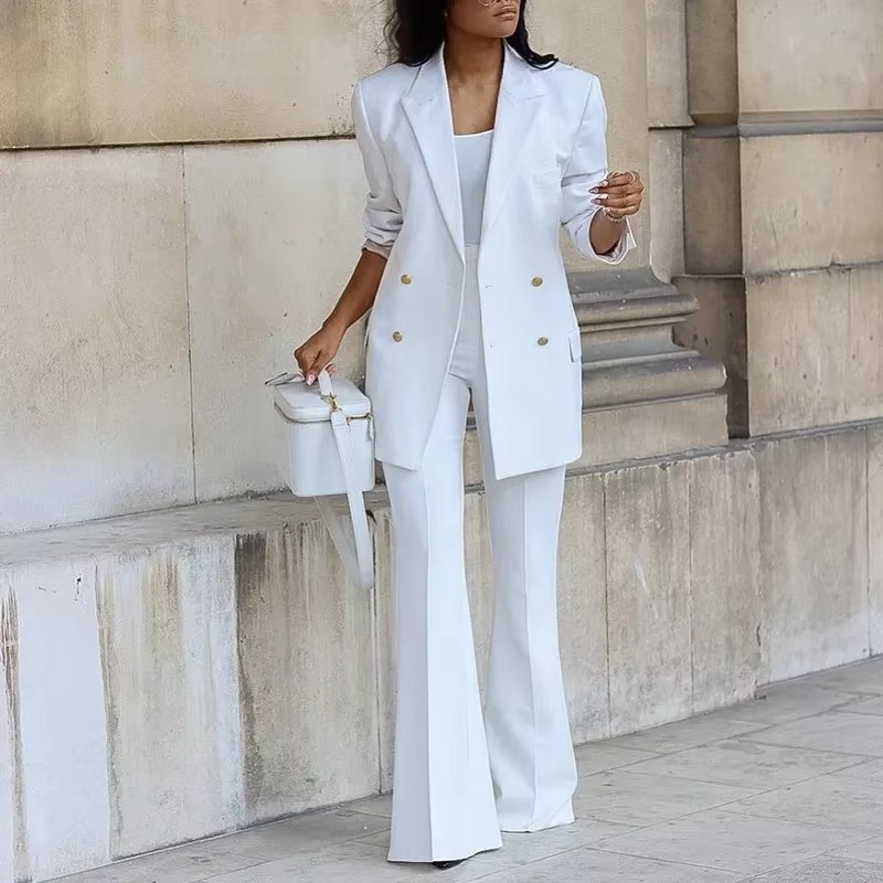 Costume Femme Blanc Élégant Pantalon Taille Libre - PanierRoyale