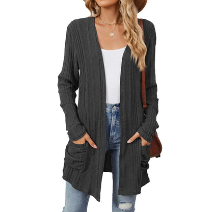 Cardigan Féminin Détendu avec Poches et Manches Longues