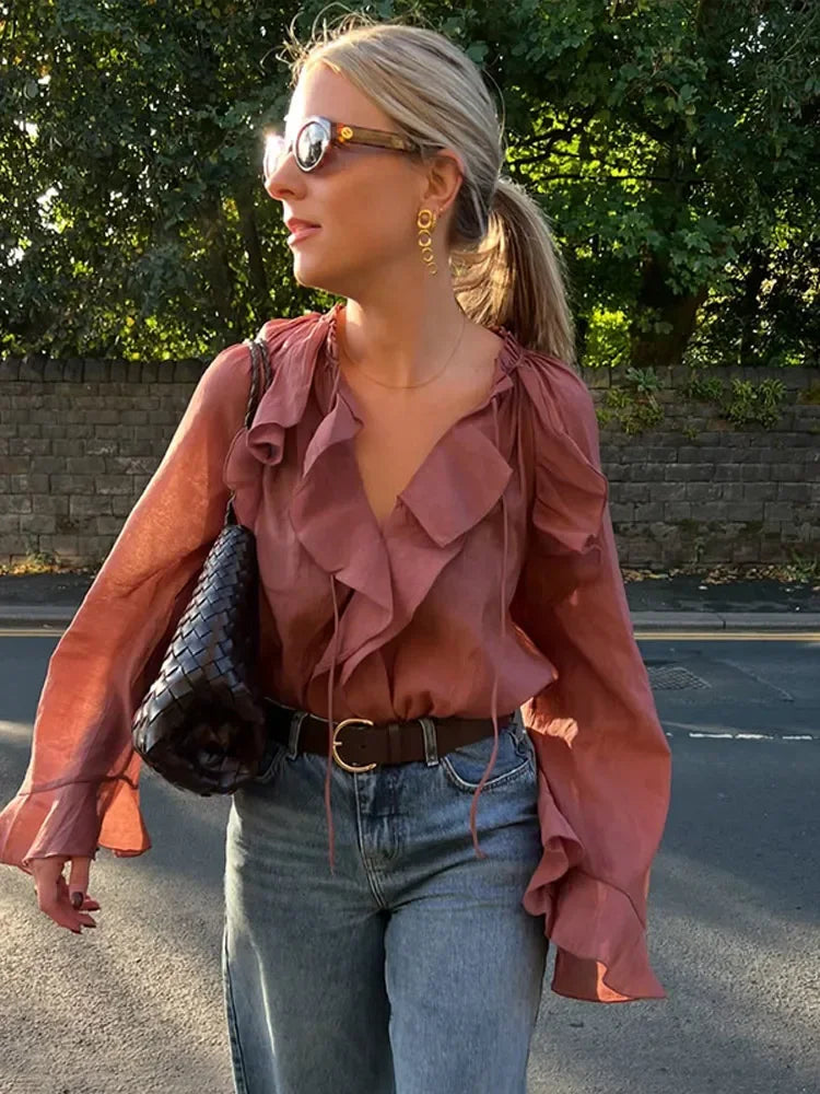 Blouse en Soie Transparente Brun Femelle Élégante