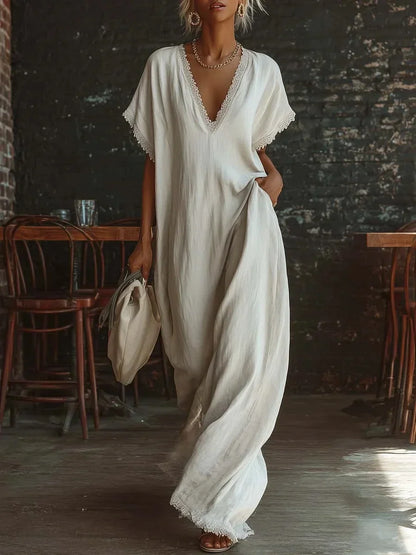 Robe longue Femme Fluide Col en V Finitions Dentelle