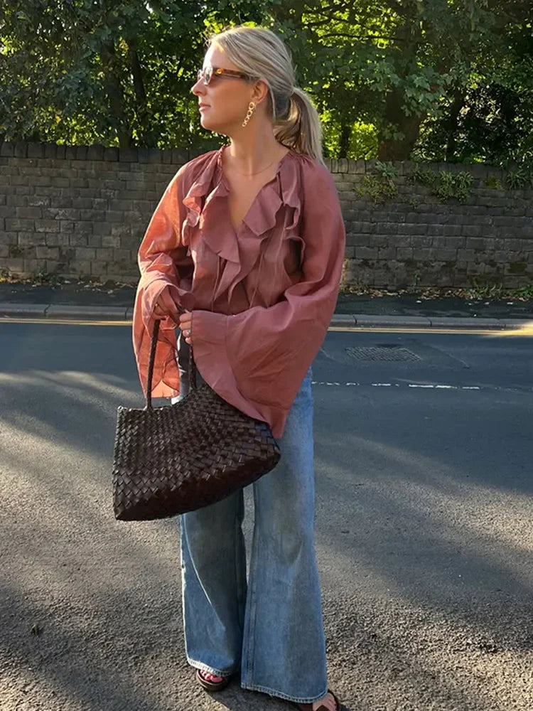 Blouse en Soie Transparente Brun Femelle Élégante