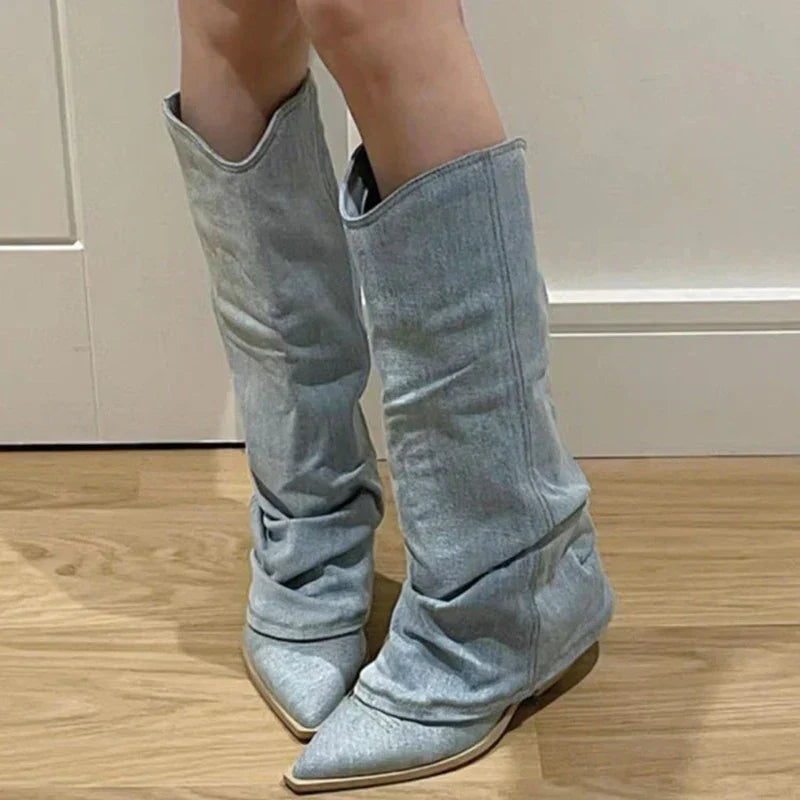 Bottes Cowboy Femme Hiver Denim Style Western - PanierRoyale