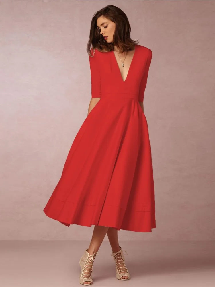 Robe Soirée Femme Col V Mi-Longue Élégante - PanierRoyale