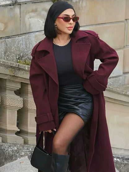 Manteau Femme Chic à Ceinture avec Col Revers et Fermeture Double - PanierRoyale
