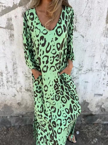 Robe Fluide Femme Imprimé Léopard Coupe Décontractée Poches
