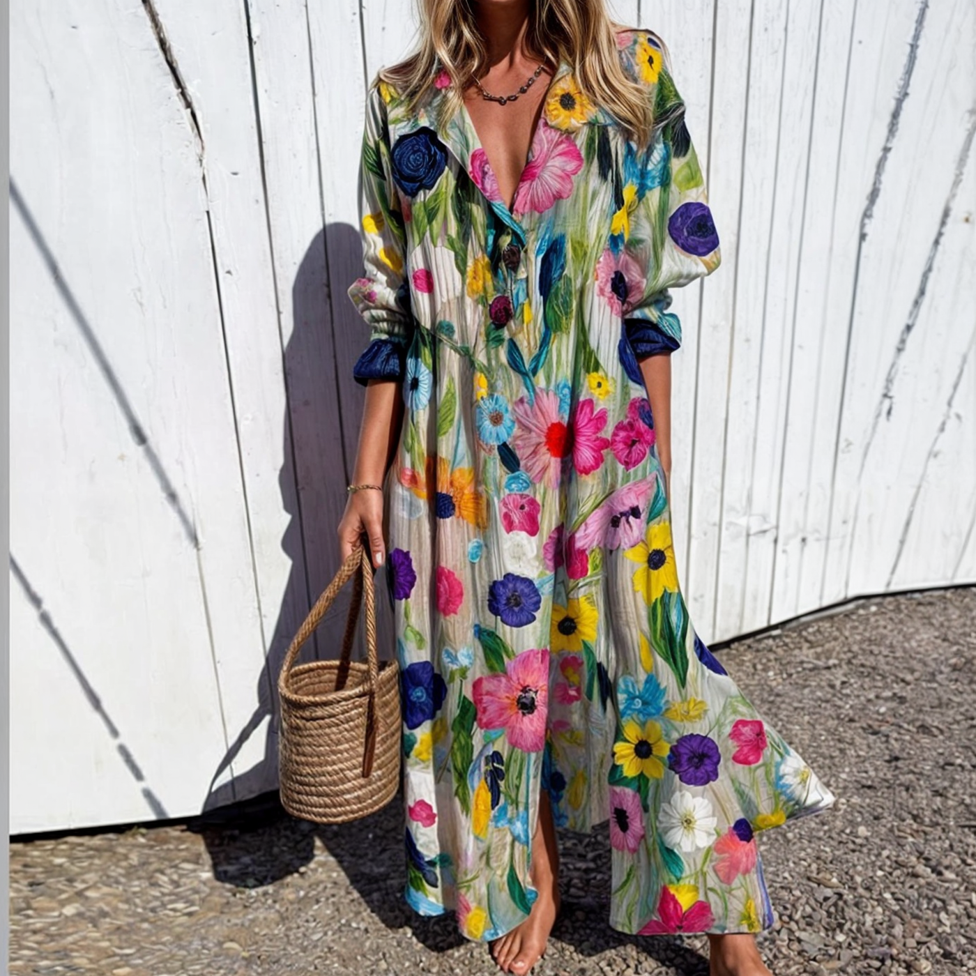 Robe longue Femme Fluide Col en V Manches longues Style bohème - PanierRoyale