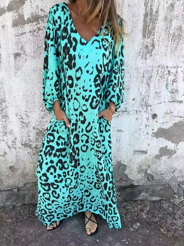 Robe Fluide Femme Imprimé Léopard Coupe Décontractée Poches