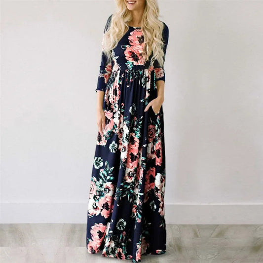 Robe Longue Bohème à Manches avec Imprimé Floral - PanierRoyale