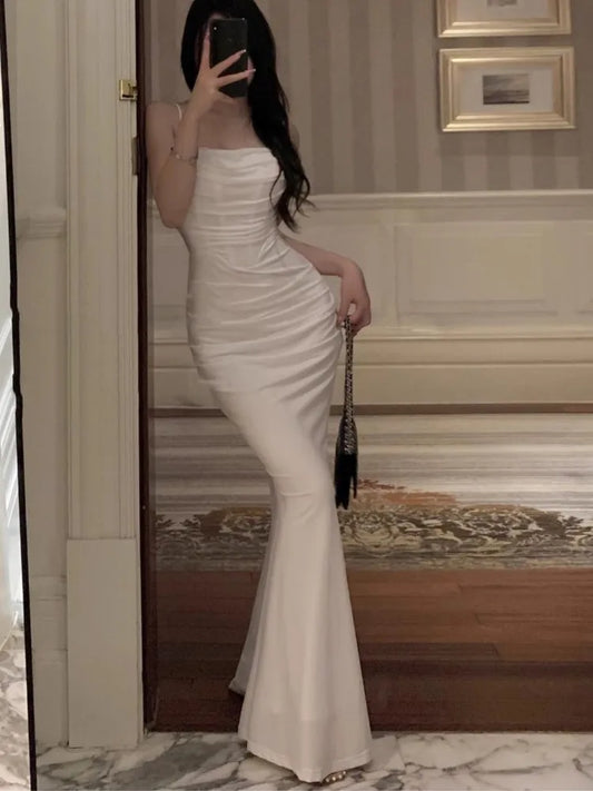 Robe de soirée femme élégante blanc satin - PanierRoyale