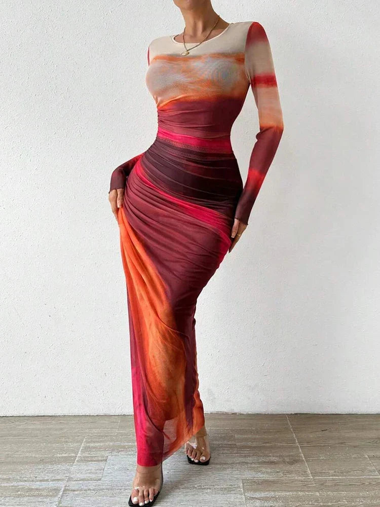 Robe Maxi Femme Coupe Ajustée Col Rond Imprimée - PanierRoyale