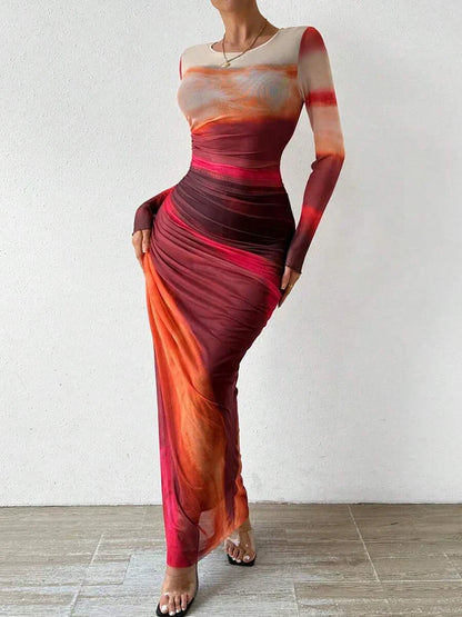 Robe Maxi Femme Coupe Ajustée Col Rond Imprimée - PanierRoyale