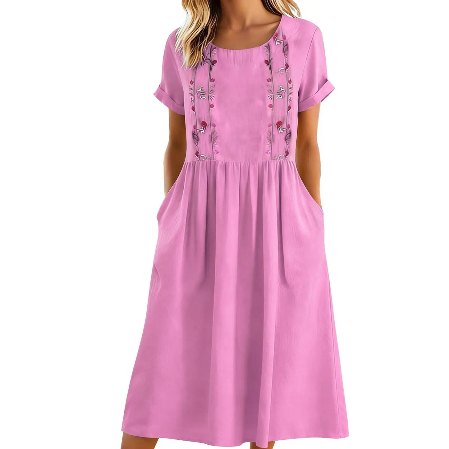 Robe midi Femme Broderie Poches Coupe Aline