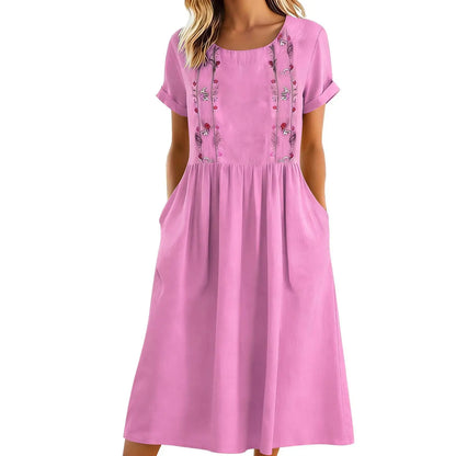 Robe midi Femme Broderie Poches Coupe Aline
