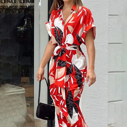 Robe midi Femme Ceinturée Col Chemise Manches Courtes