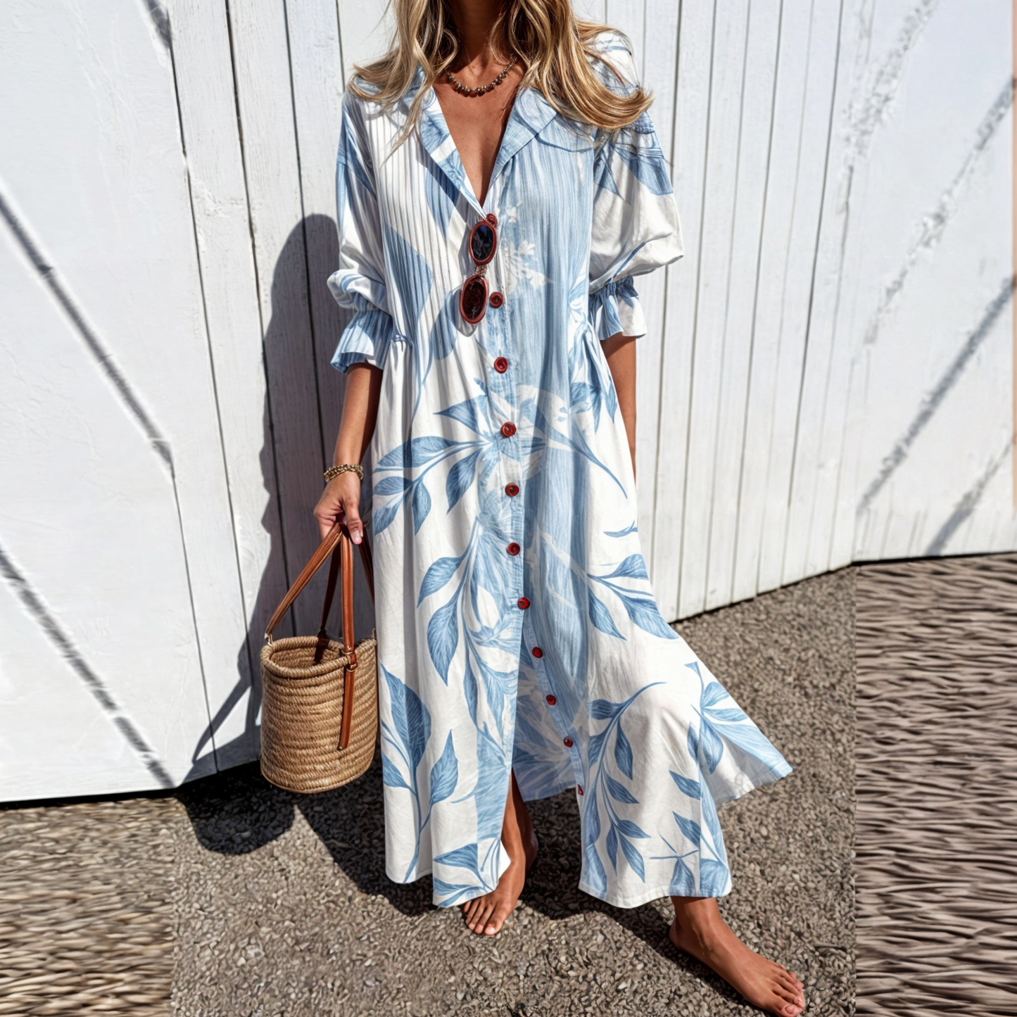Robe longue Femme Fluide Col en V Manches longues Style bohème