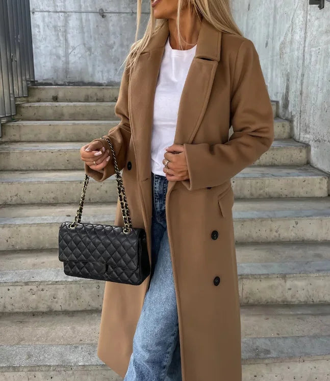 Manteau long Femme Laine mélangée Ceinturé Coupe ajustée