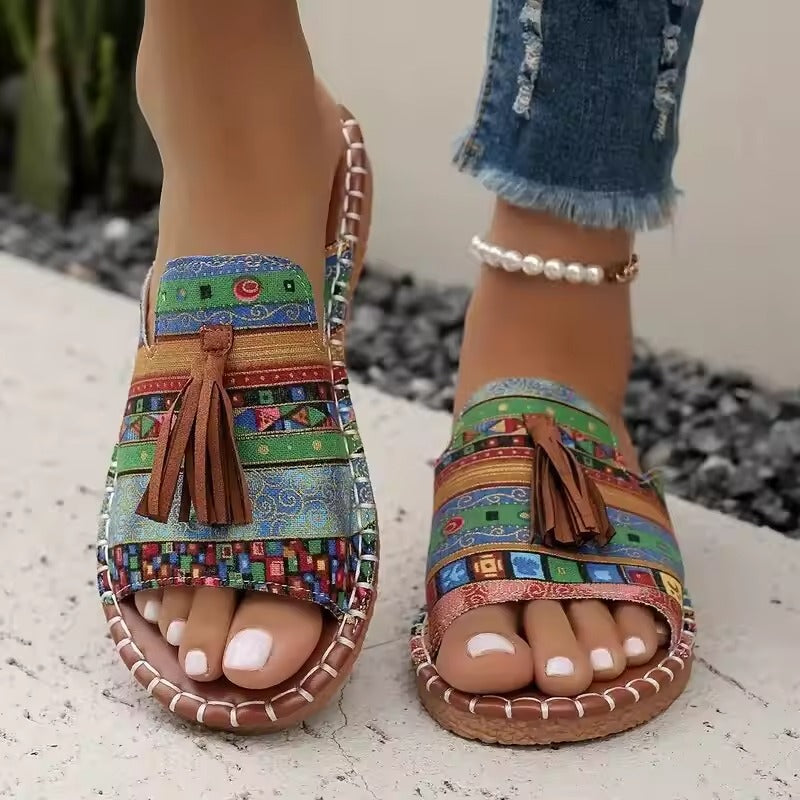 Sandales Femme Cuir Franges Semelle Confort Style Ethnique