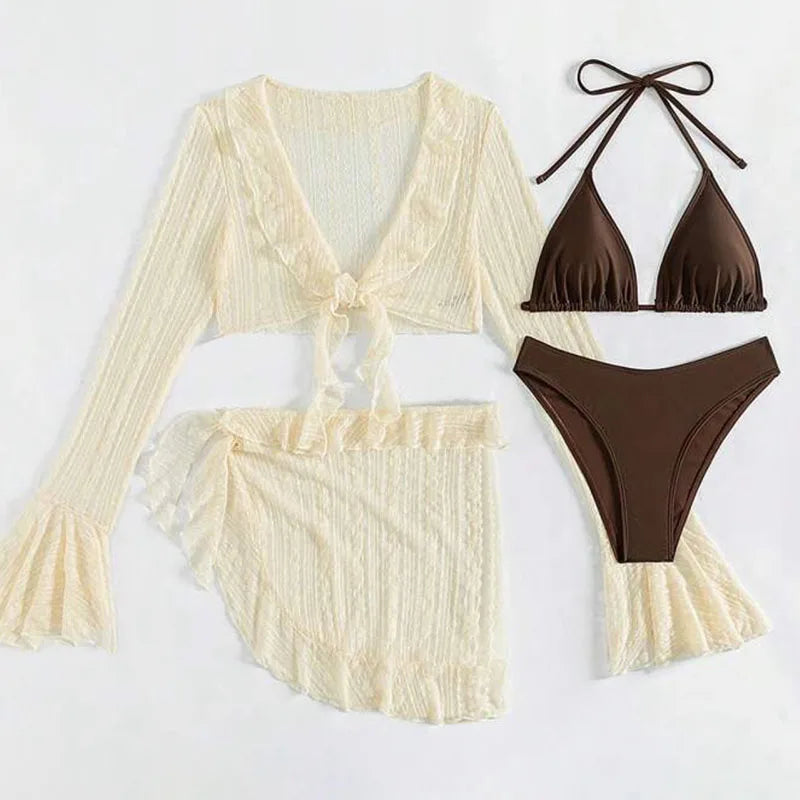 Ensemble Bikini Femme Trois Pièces Paréo Transparent Coupe Ajustée