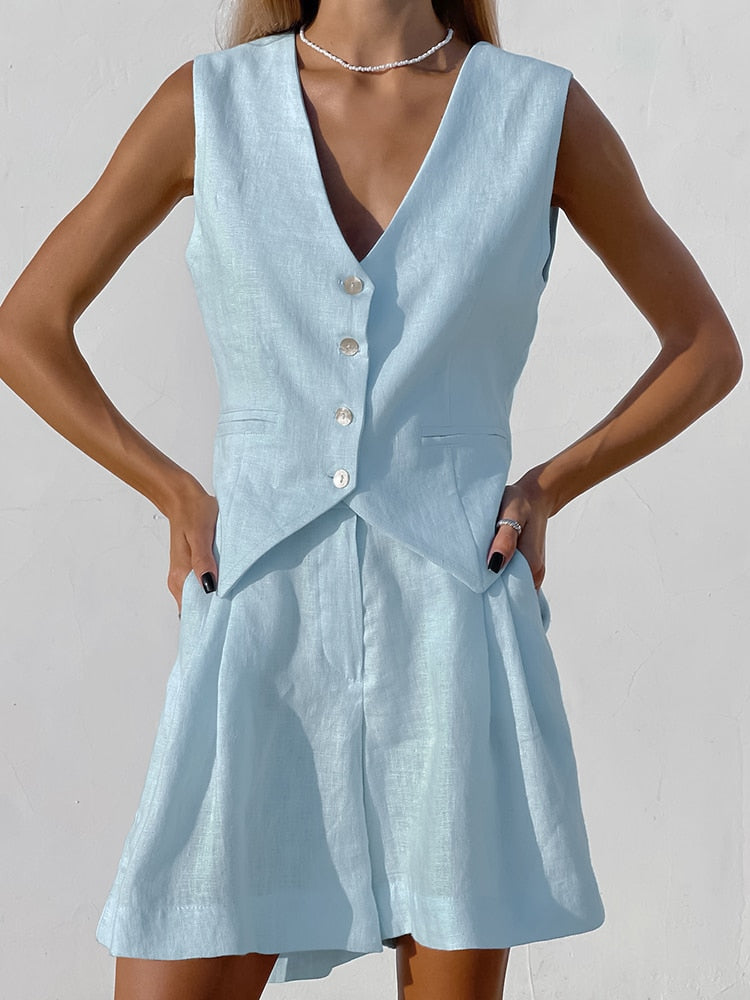Ensemble Femme Coton Lin Gilet Boutonné Short Assorti