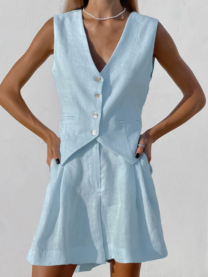 Ensemble Femme Coton Lin Gilet Boutonné Short Assorti