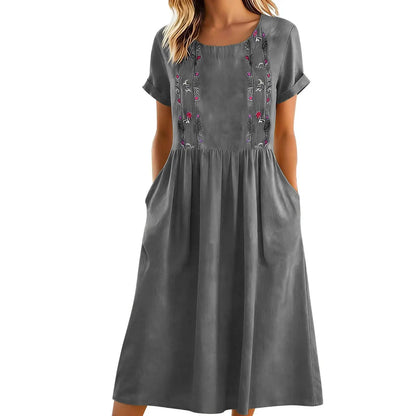 Robe midi Femme Broderie Poches Coupe Aline
