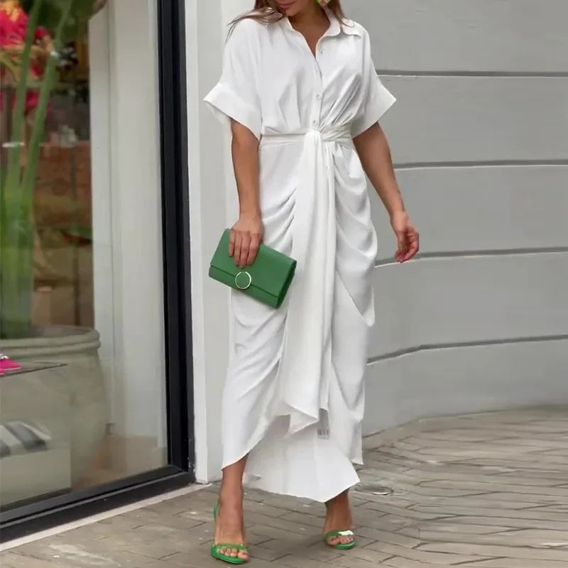 Robe midi Femme Ceinturée Col Chemise Manches Courtes