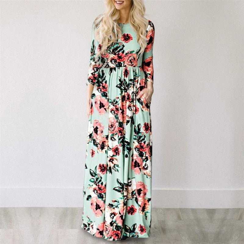 Robe Longue Bohème à Manches avec Imprimé Floral